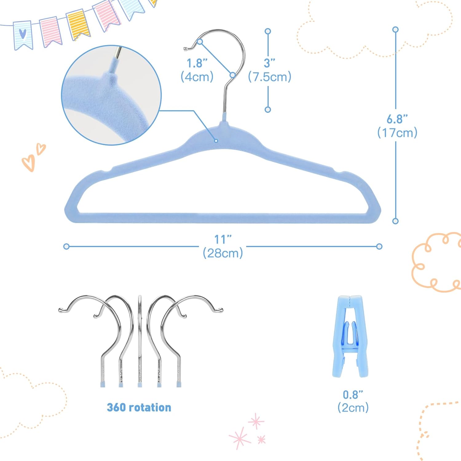 Velvet Baby Hangers with Clips (30 Pack) | 11” Ultra-Slim Baby Clothes Hangers | Non-Slip Felt | Space-Saving Nursery & Infant Closet Organizer | Blue - Image 3