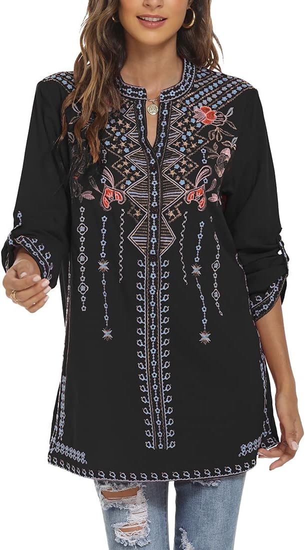 AK Women's Embroidered Tops Mexican Shirt V Neck Summer Casual Tops Peasant Tunic Loose Blouse - Image 5
