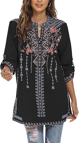 Miniatura 5 de AK Blusa bordada para mujer, estilo mexicano, cuello en V, casual, para verano, túnica campesina, holgada, blusa holgada