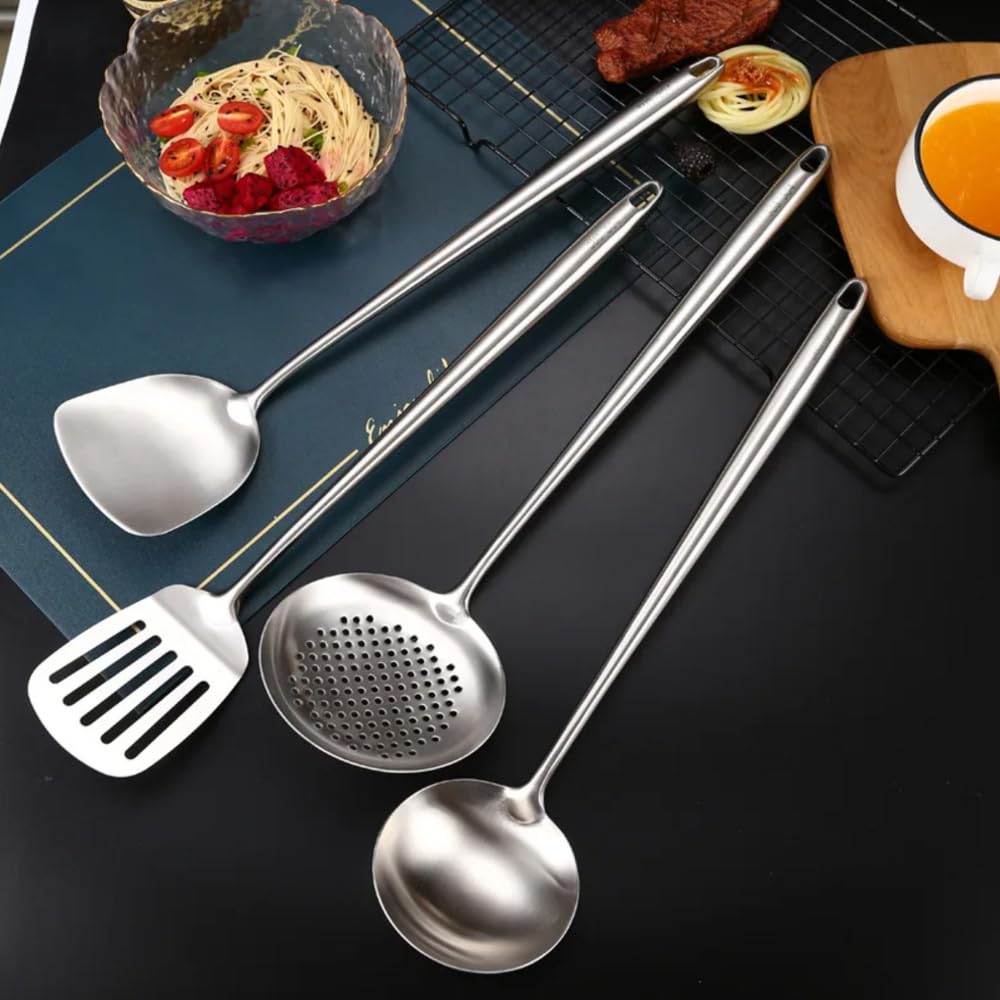 17inch Extra Long, Wok Spatula and Ladle,304 Stainless Steel Cooking Utensils Set, 4-Pieces Metal Heat Resistant Handle, Skimmer, Soup Ladle, Slotted Turner,Spatula