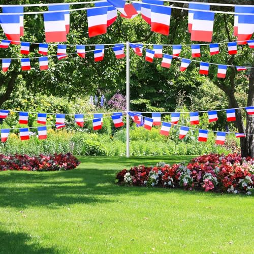 Image of AhfuLife 33 Ft French String Flags Banner for World Cup Decorations 2026, 30 Pcs Mini France Buting String Flags - Double Sided for National Day Football Sports Street Party Decor (5.5x8.3 Inch)