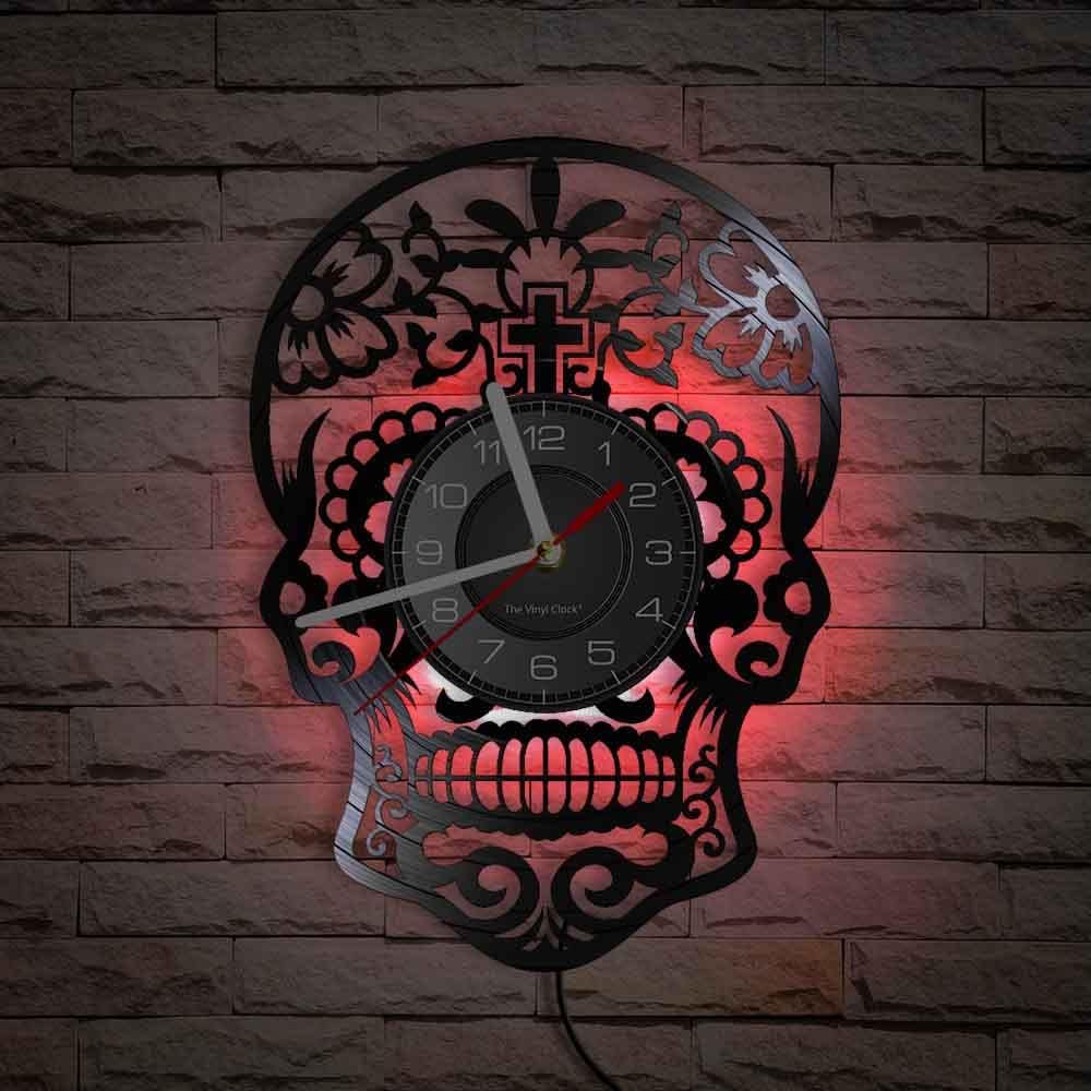 12 Inch Day of the Dead LED Wall Clock with 7 Colors Changing, Silent Quartz Non Ticking Vintage Decorative Skull Skeleton Dia De Muertos Analog Vinyl Record Wall Clock for Living Room Decor