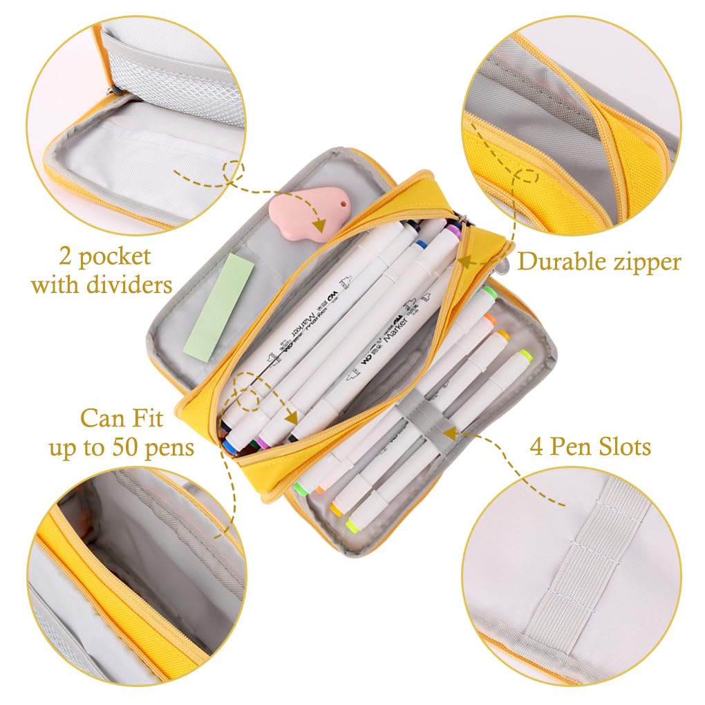 Oyachic 3 Compartment Pencil Case Large Capacity Pen Pouch Oxford Storage Bag Cosmetic Makeup Case for Men Women Adults Travel Business Office (Yellow) - Image 2
