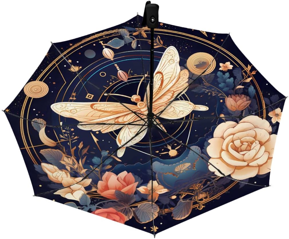 Mystical Butterfly Flower Folding Umbrella Windproof Compact Lightweight Travel Umbrella with 8 Reinforced Ribs, Portable UV Sun & Rain Protection for Men & Women