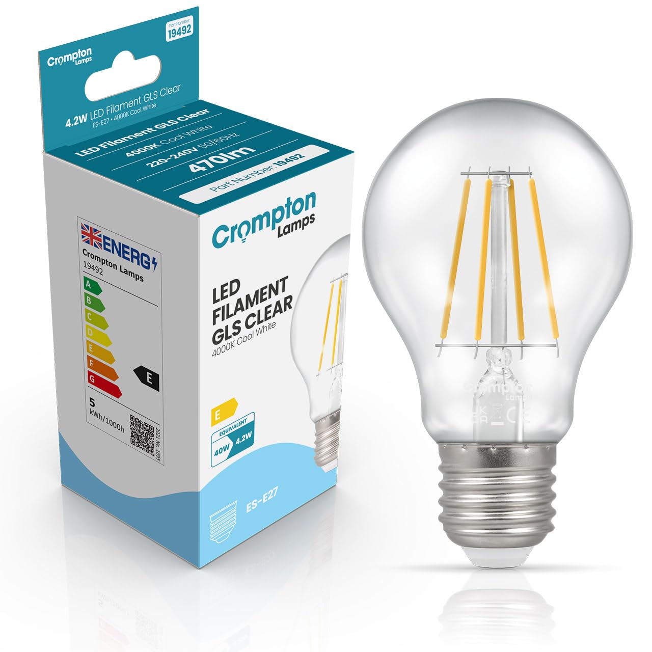 Crompton Lamps Filament GLS LED Light Bulb ES-E27 | 4.2W = 40W Equivalent | Cool White 4000K | Energy Efficient | Edison Screw Lightbulb | Long Life 15,000-Hrs | Clear Glass | Dimmable