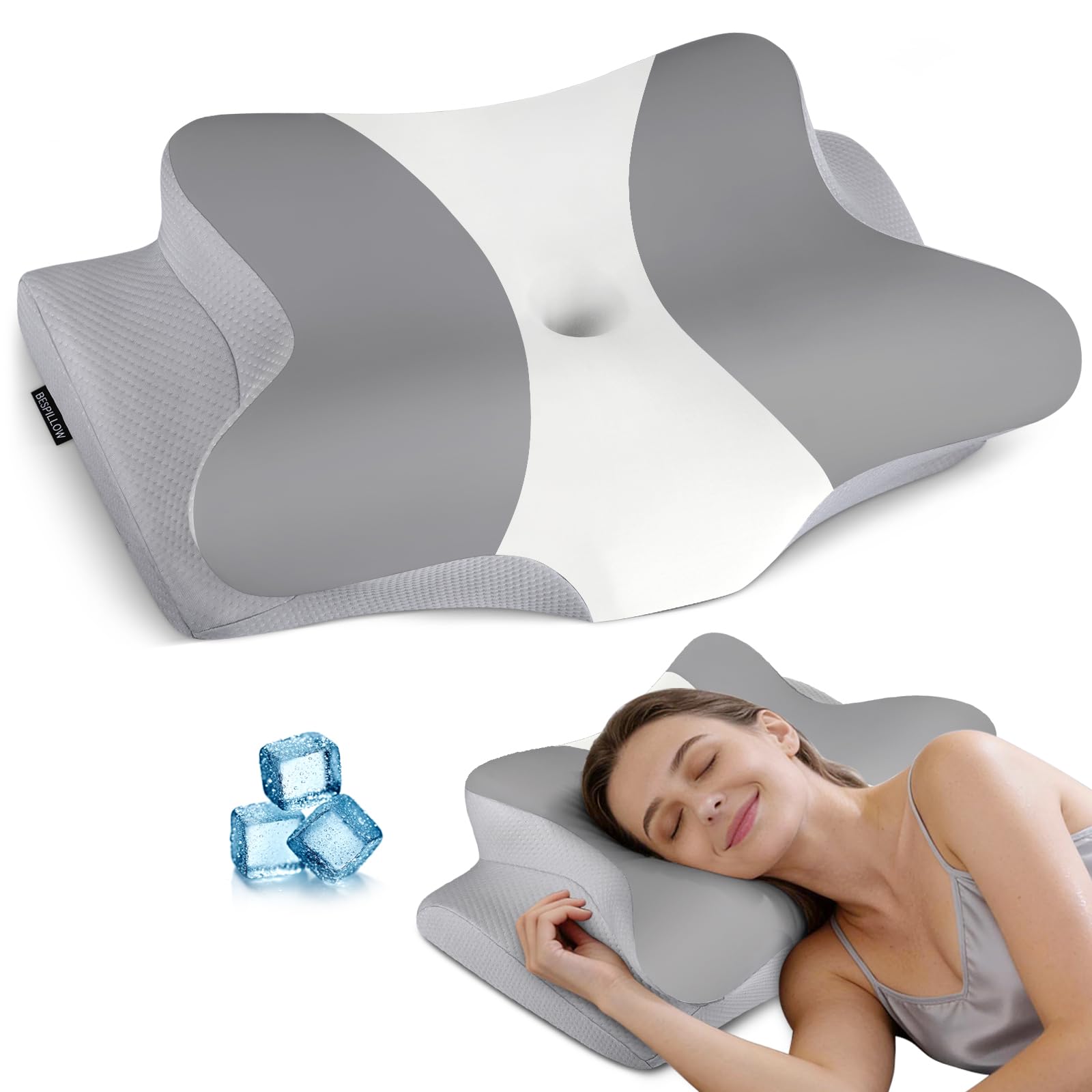 Photo 1 of Cervical Neck Pillow for Pain Relief, Contour Memory Foam Pillows for Sleeping, Ergonomic Pillow Orthopedic Cooling Pillow Bed Pillow Neck Support for Side Back Stomach Sleepers?Grey&White
