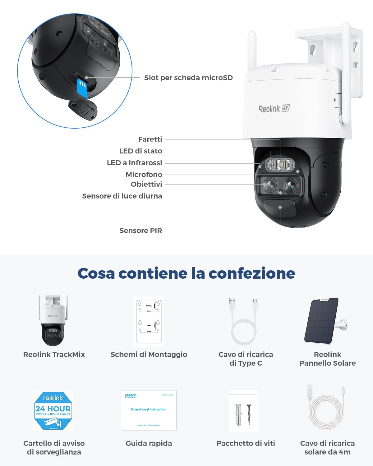 Reolink 4K Telecamera Senza Fili da Esterno a Batteria, 360° PTZ con Pannello Solare, Tracciamento Automatico, Doppia Lente, Visione Notturna a Colori, Rilevamento Intelligente, IP66, Trackmix