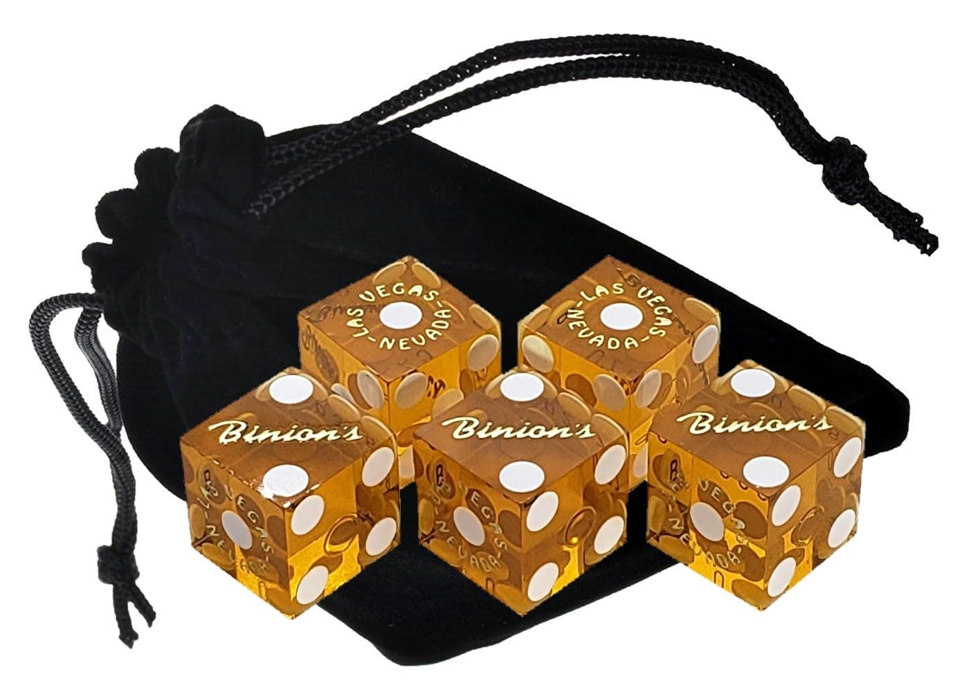 Craps Dice Kit - Set of 5 Authentic Nevada Casino Dice with Storage Pouch + Acrylic Dice Boat Bundle - Binion's (Yellow Polished)