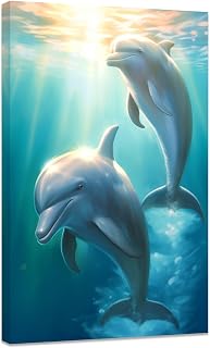 CCWACPP Dolphin Canvas Wall Art Dolphin on Blue Ocean Playing Pictures Cute Dolphins Painting Print Sea Animal Bathroom Kids Room Nursery Wall Decor Framed (C, (12.00" x 18.00"))