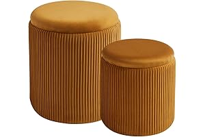 Round Yellow Velvet Ottoman Storage Set of 2