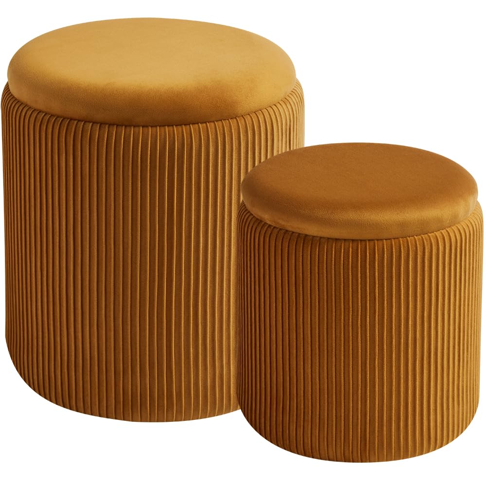 Round Set of 2 Ottoman with Storage-Upholstered Velvet Vanity Stool for Makeup Multifunctional Ottomans Coffee Table Padded Seat Foot Rest for Living Room&Bedroom (Yellow)