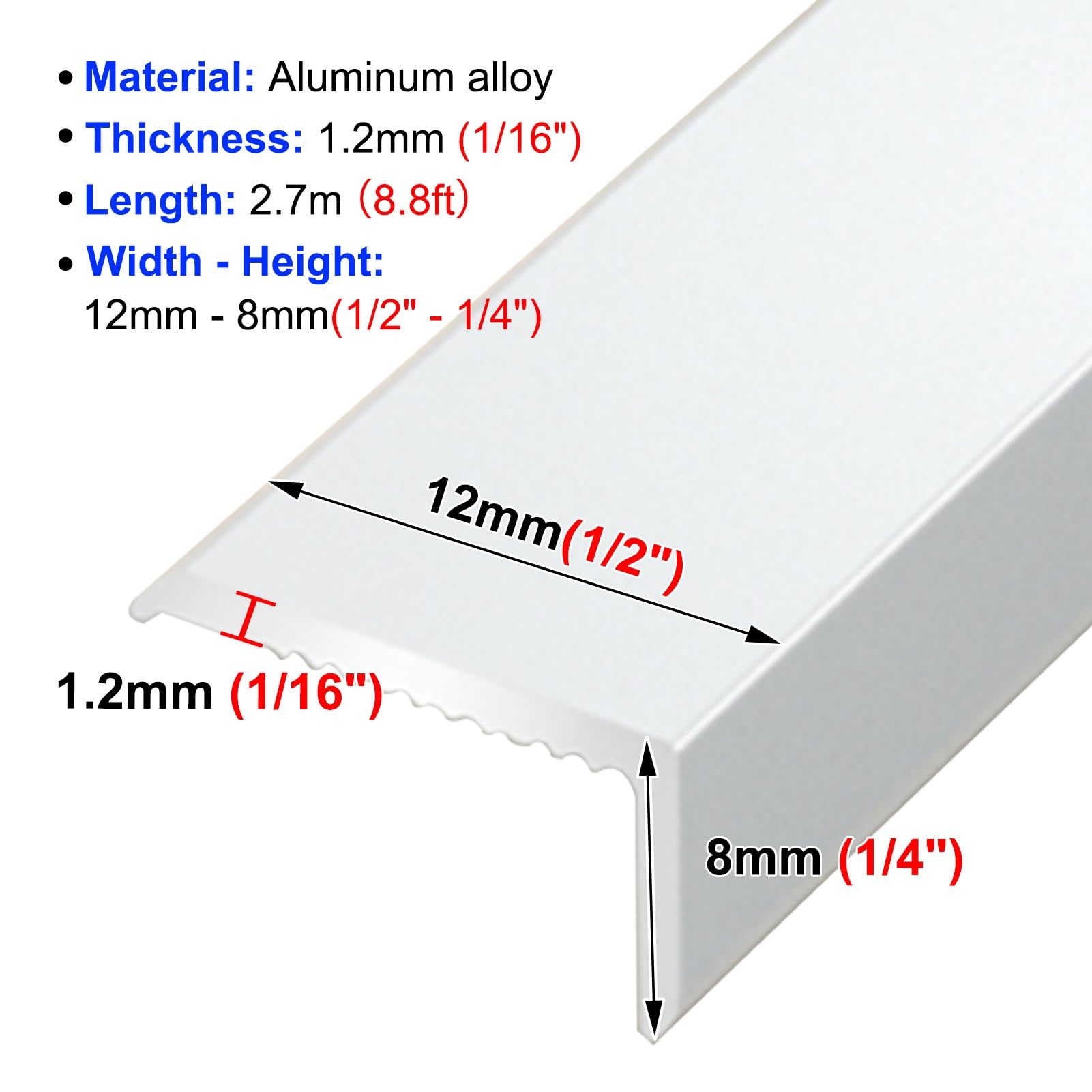 Tira de transición para Pisos, Protector de Borde de aleación de Aluminio para Pisos de Madera, 2026/1/2 Pulgada de Ancho, moldura de Borde para escaleras, Tira de peldaño de Vinilo en Forma