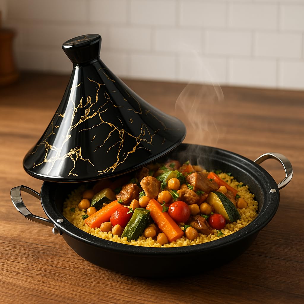 Tajine Royal Swiss - Acciaio inox antiaderente, coperchio in porcellana, per tutti i piani cottura, a induzione, a gas, elettrica, cucina sana (nero, 34 cm)