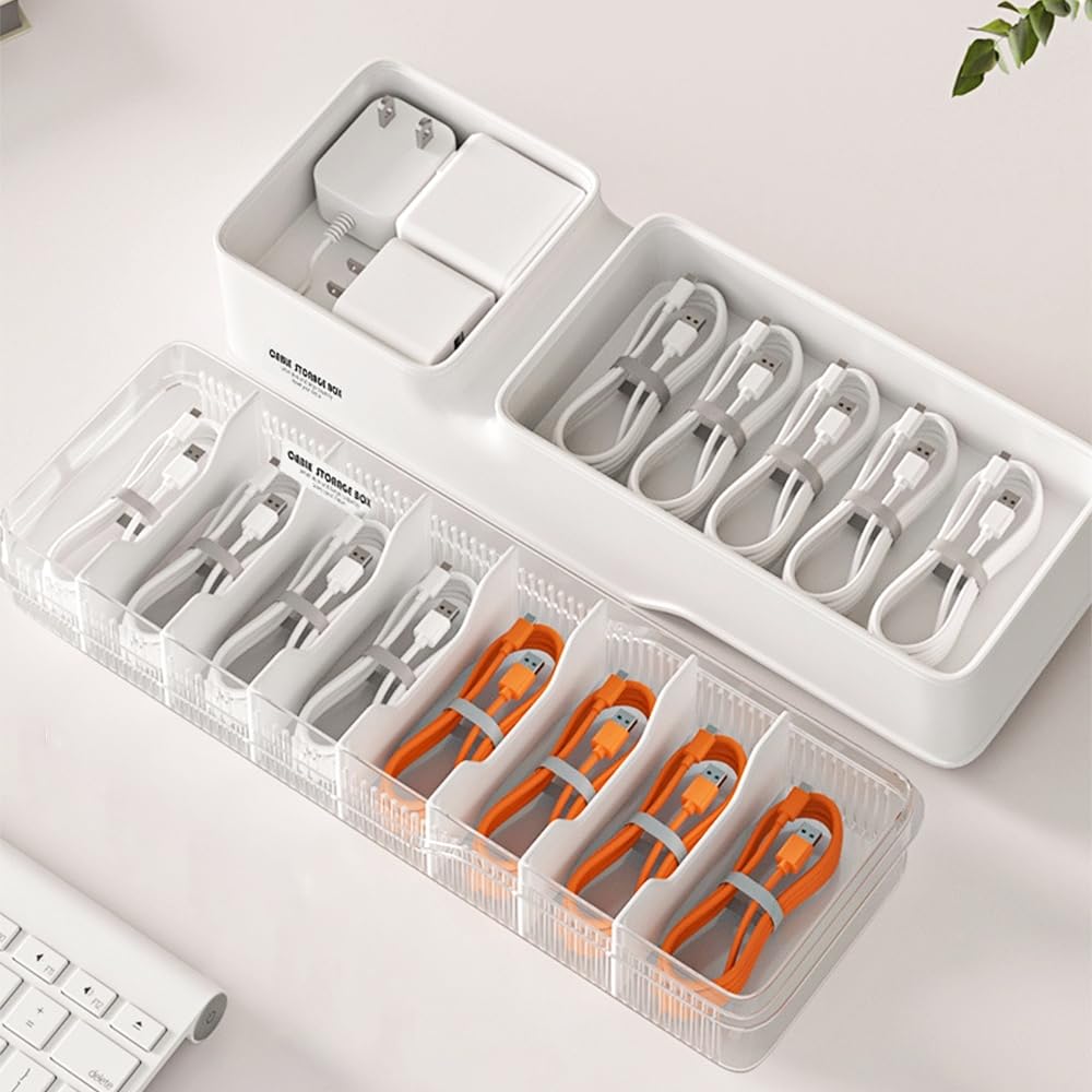 STARRY G Cable Tidy Box with Lid, Acrylic Cable Organizer Box, Cable Storage Box for Charger/Power Strips/Charging Plug, Heightened Cable Management Box, Detachable Partition Board - Bilayer