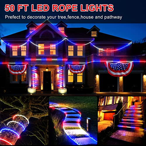 4Th Of July Decorations Outdoor Lights, 50Ft 600Led Red White And Blue Rope Lights Patriotic Rope Lights Plug In 8 Modes Remote Timer With Memory For Independence Day Memorial Day National Day #TOP5
