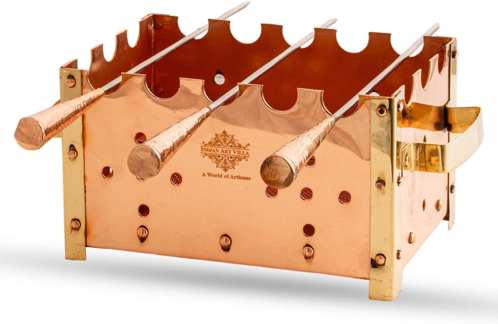 IndianArtVilla Copper Barbecue with 3 Skewer, Used for Grilling Chicken Paneer Tikka Home, Garden & Restaurant