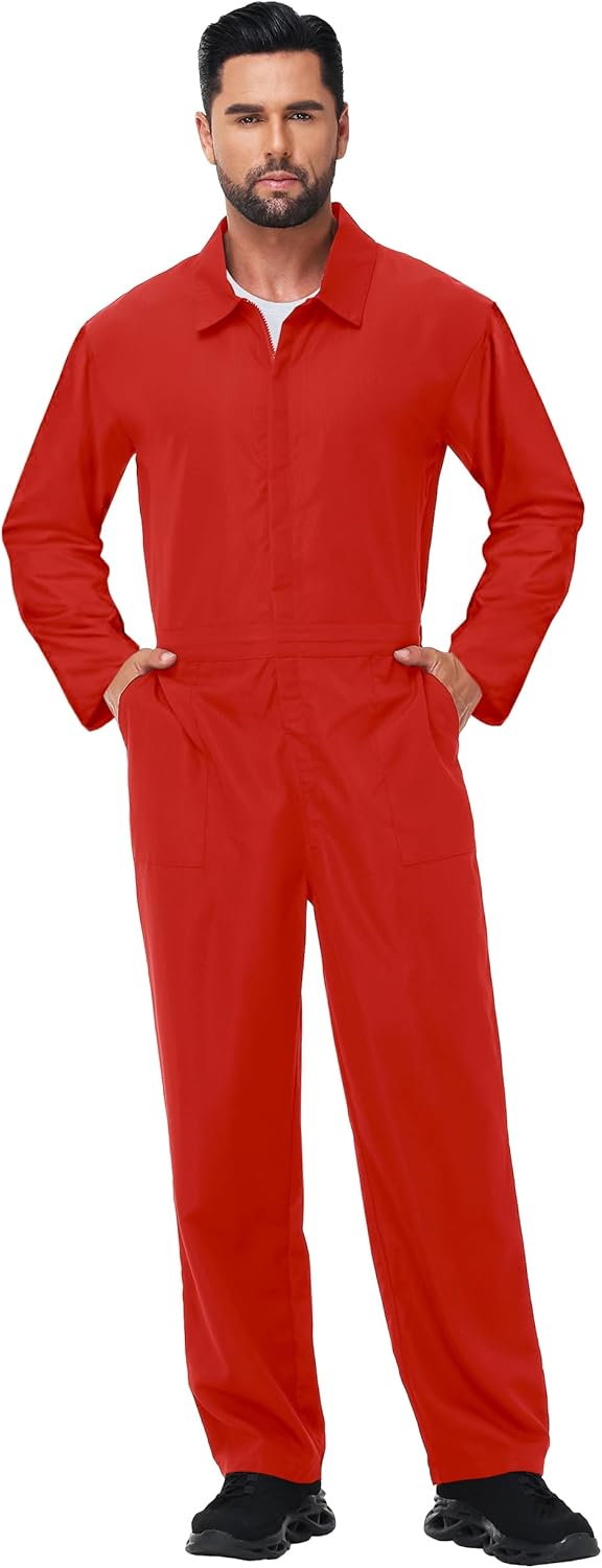 Men's Halloween Long Sleeve Zipper Jumpsuit Mechanic Work Costume Solid Color Coveralls