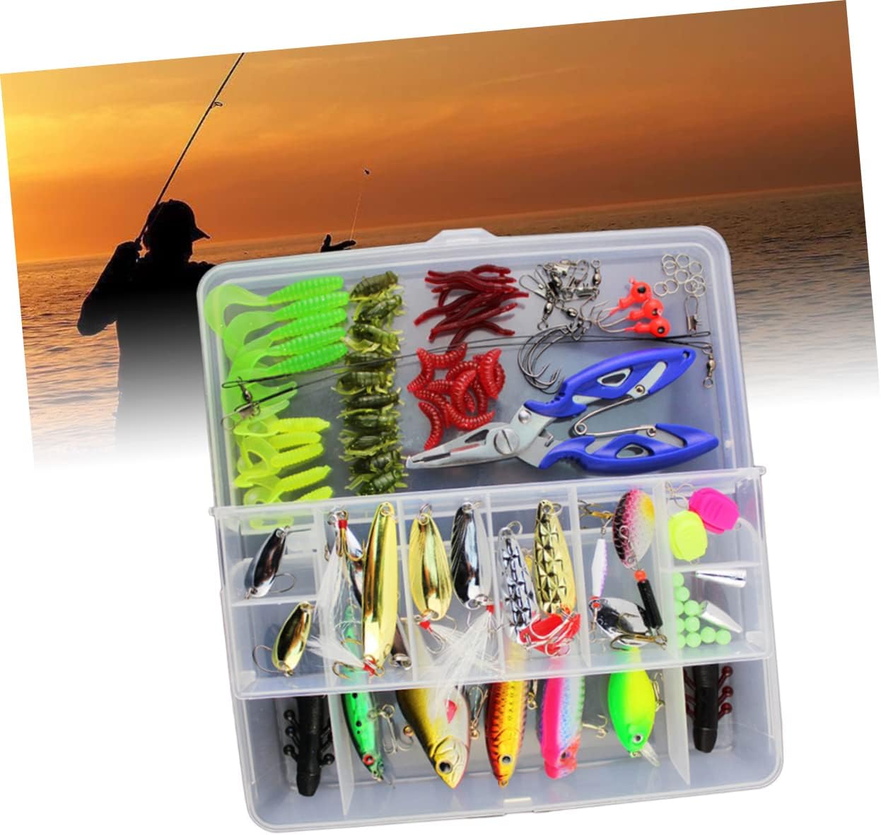 VICASKY 101Pcs Multifunctional Fishing Lure Set with Transparent Includes Spinners Treble Hooks Single Hooks and Swivels for Freshwater and Saltwater Fishing