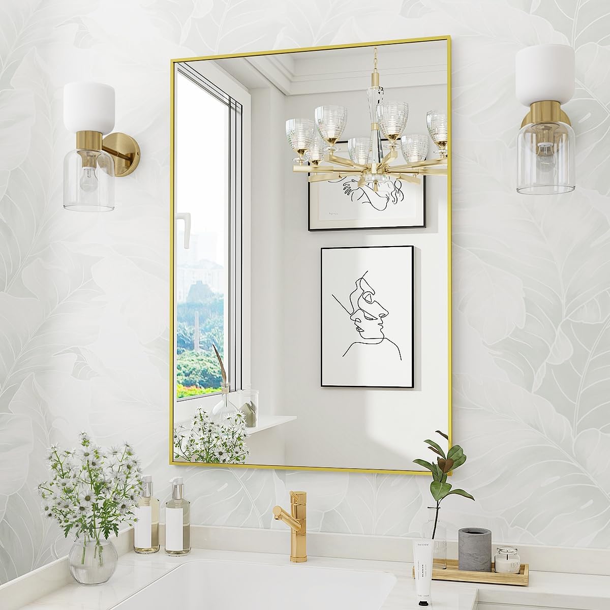 Koonmi Gold Rectangle Wall Mirror, 24x32 Inch Bathroom Mirror, Aluminum Frame Vanity Mirror for Entryway, Living Room, Bedroom Bathroom, Hangs Horizontally or Vertically 32"L x 24"W Gold