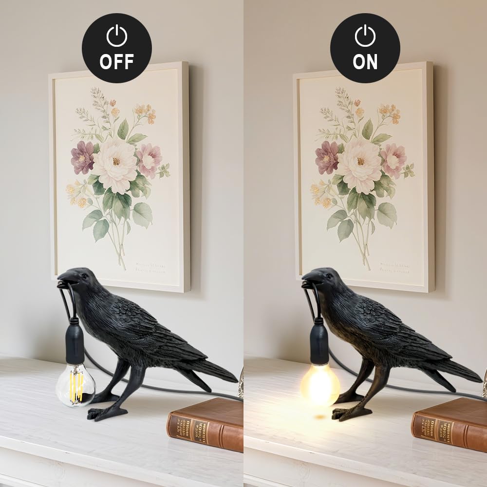 Resina Lampada da Comodino,Lampadas Tavolo Stile Corvo,Con Interruttore A Bottone,Lampada da Scrivani Per Soggiorno Camera Da Letto Ufficio,Nero Luce Lettura e Luce Notturna,Lampade E14 non Incluse