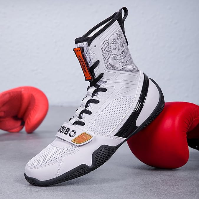 Men's Lace Up Boxing Training Shoes High Top mesh Breathable Boxing Sports Boots Comfortable Non-Slip Bodybuilding Shoes for Wrestling Sparring Squat Muay