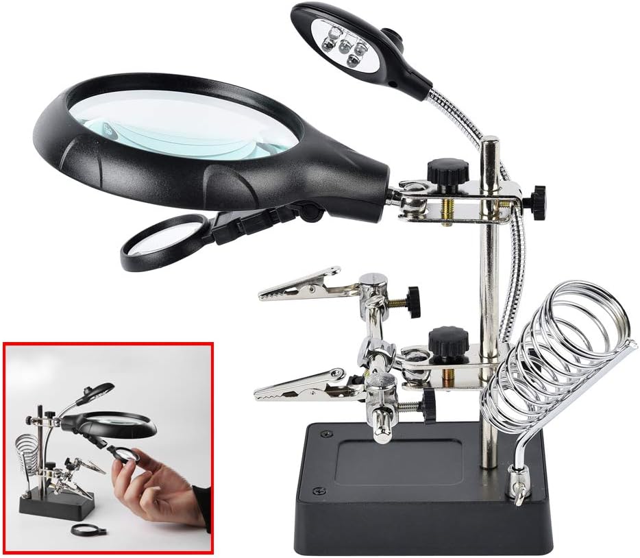 Beileshi 2.5X 7.5X 10X LED Light Helping Hands Magnifier Soldering Station,Magnifying Glass Stand with Auxiliary Clamp and Alligator Clips