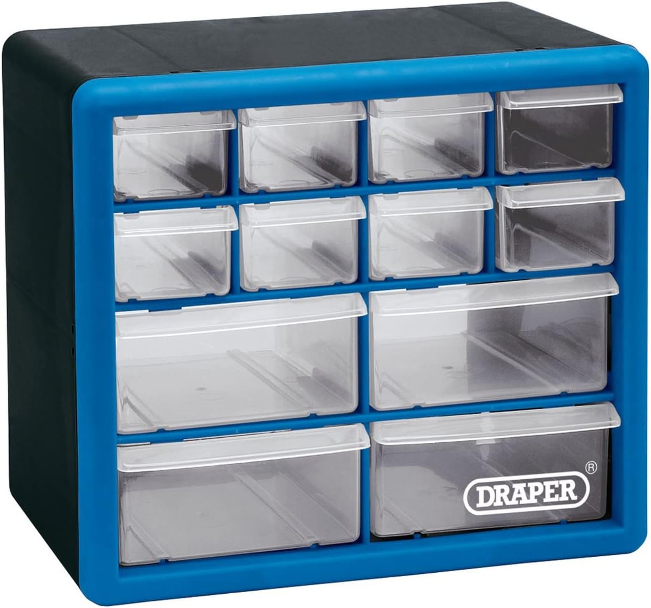 Draper 12 Drawer Organiser Storage Unit Plastic | Workshop Home Office Cabinet Cupboard | Wall Mountable | 12014, 12 Part