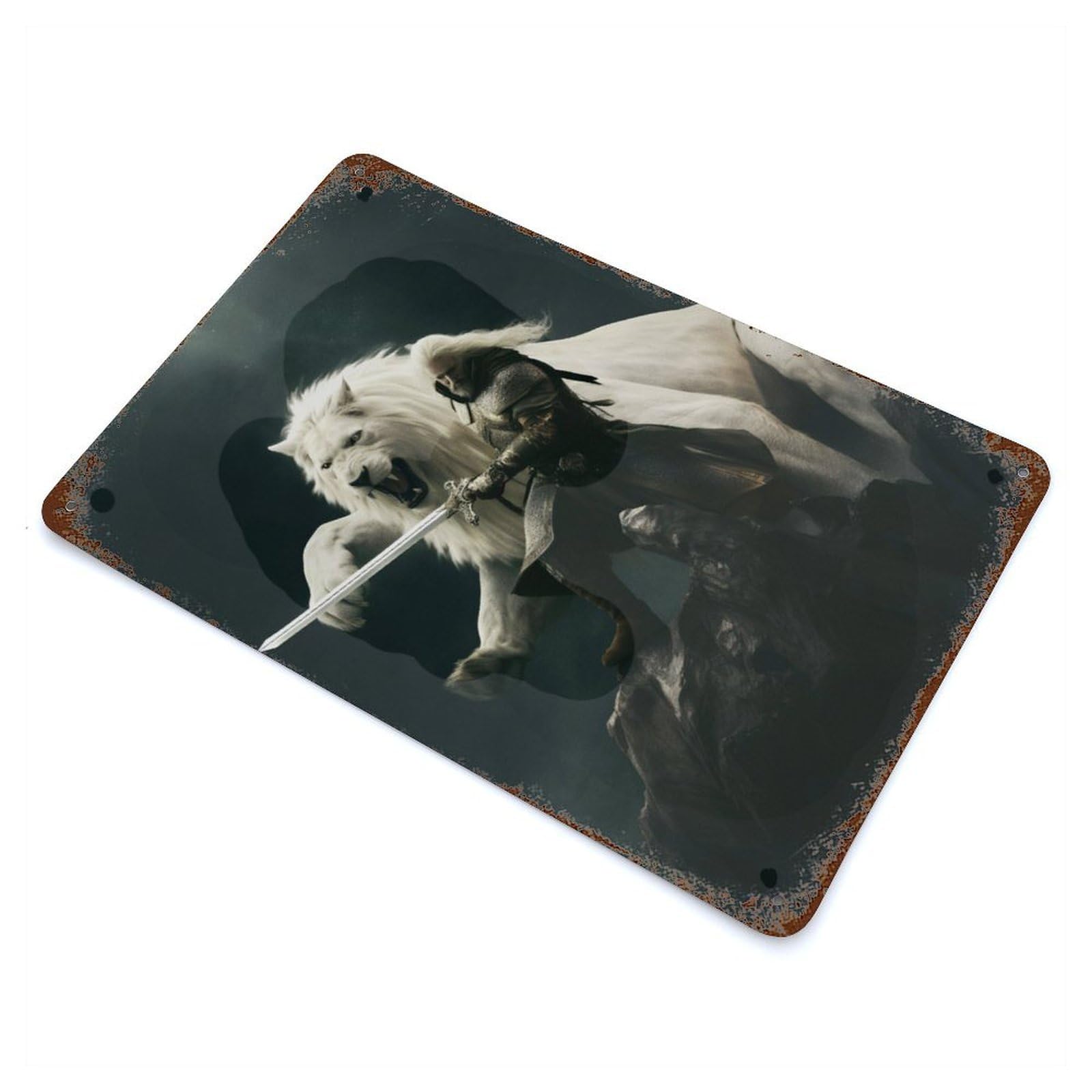 King White Lion Vintage Wall Sign 11.8"x7.9", Rust Effect Metal Decor for Farmhouse, Kitchen And Entryway Decor