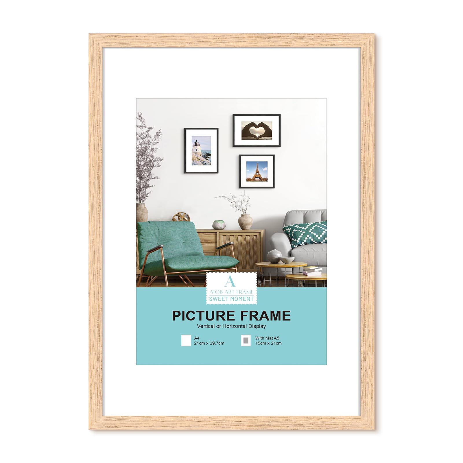 Set 2 Cornici Legno Quercia Naturale A4 21x30cm - Con Passpartout 13x18cm, Vetro Plastica, Per Parete - Foto 6