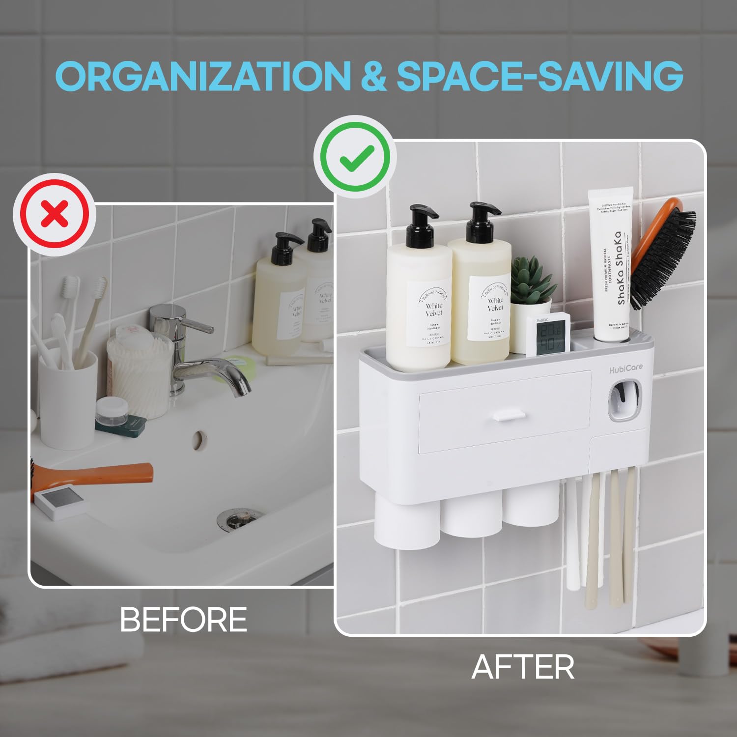 HubiCare - Portaspazzolino con dispenser per dentifricio, montaggio a parete, per bagno, spremi dentifricio, organizzazione e conservazione del bagno, 5 scomparti per spazzolini (3 tazze)