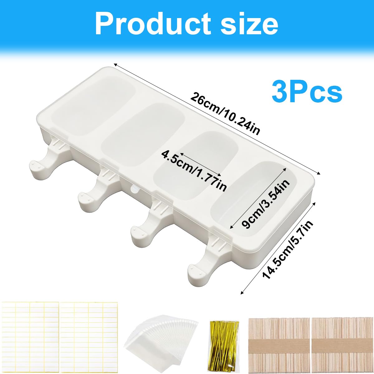 3 Piezas Moldes Helados Grandes con Tapas,Moldes Paletas Chocolate,Grandes Moldes Para Helado, Incluye 100 palo de madera,100bolsas para envolver,100cintas y 100pegatinas,para chocolate congelado DIY