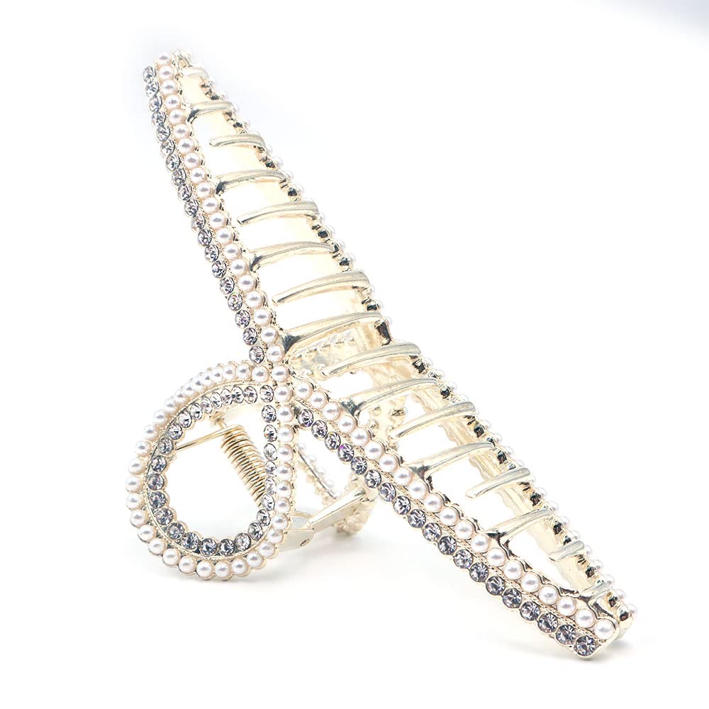 CENPEK 2pcs Large Claw Hair Clips For Women, Hair Grips Metal Nonslip Clamps Gold Pearl Clasps Strong Jaw Accessories For Women and Girls