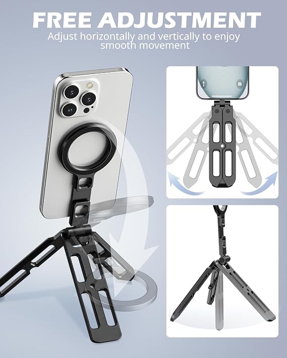 UBeesize Magnetic Portable Tripod for iPhone -MagSafe Mini Phone Stand & Universal Tripod Mount, Foldable Aluminum Phone Holder for iPhone 16/15/14/13/12, Pocket Travel Desktop All in One