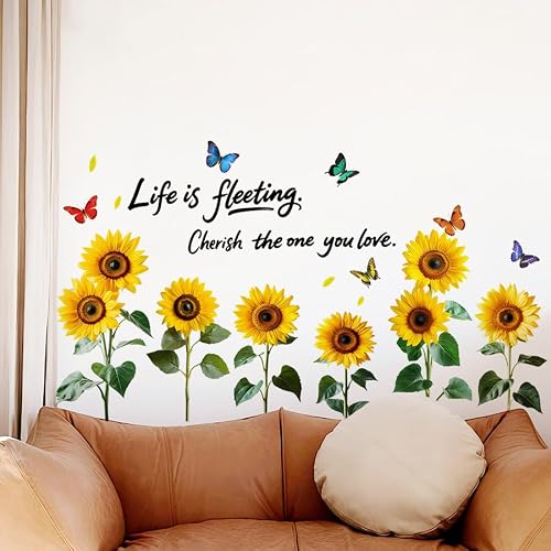 ウォールステッカー 植物 蝶 ひまわり 花 おしゃれ 自然の風景「Life is fleeting」子供部屋 保育園 寝室 リビングルーム ベッドルーム インテリア 壁飾り 背景の壁 防水 はがせる ウォールシール diy 壁紙 シール [4]