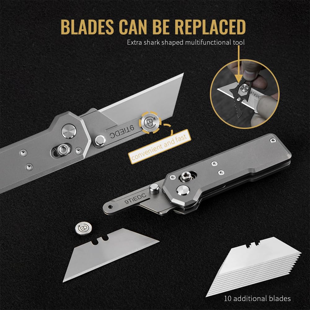 9TiEDC Folding Utility Knife,Titanium Handle Heavy Duty Safety box cutter,Razor Knife & EDC Pocket Knife with Extra 10PC Blades,Perfect for Household tools,Office,factory,Outdoor Use.
