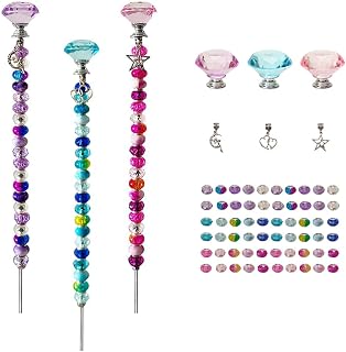 72Pcs DIY Fairy Wand Beaded Garden Stakes Kit Fairy Wands Kit for Different Festivals Fairy Garden Accessories Outdoor Fairy Garden Stakes Decorative, Diamond-(Purple+Lake Blue+Pink)