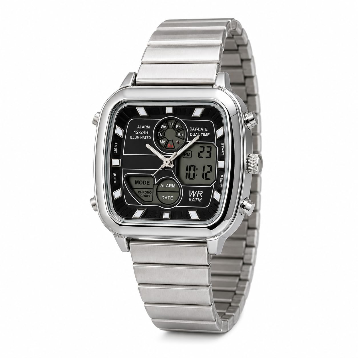 Digital Analog Luxury Silver Chronograph Wrist Watch – Dual Time Sports Smart Style, Stainless Steel Strap, Day Date Alarm Display, Classic Fashion Timepiece for Men-image-45