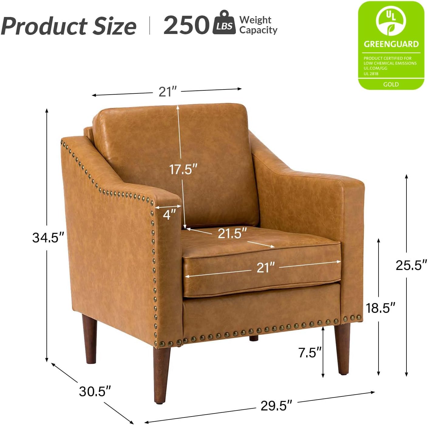 HULALA HOME Faux Leather Accent Armchair with Back & Seat Cushions, Traditional Club Chair with Nailhead Trim, Comfy Upholstered Sofa Chair for Bedroom Living Room, Camel