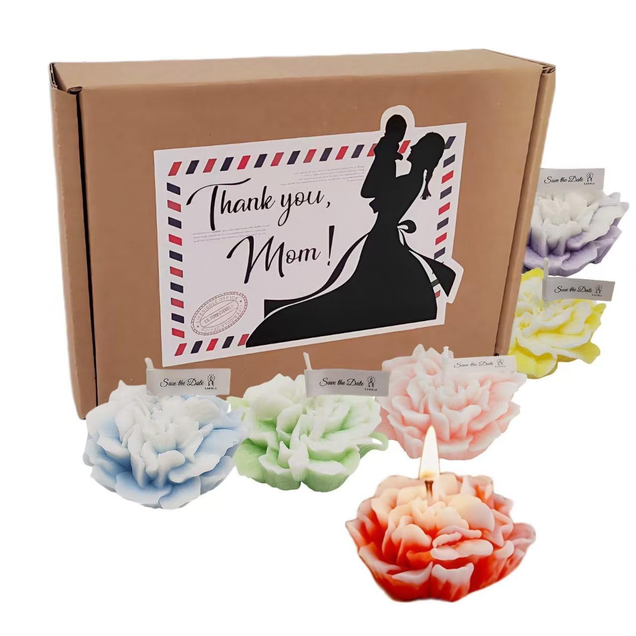 Mom Gifts: Mothers Day Candle Set Scented Aromatherapy 6-Pack - Soy Wax Carnation Shaped Candles with Thank You Mom on Box - Great Gift on Mothers Day, Birthdays, Christmas