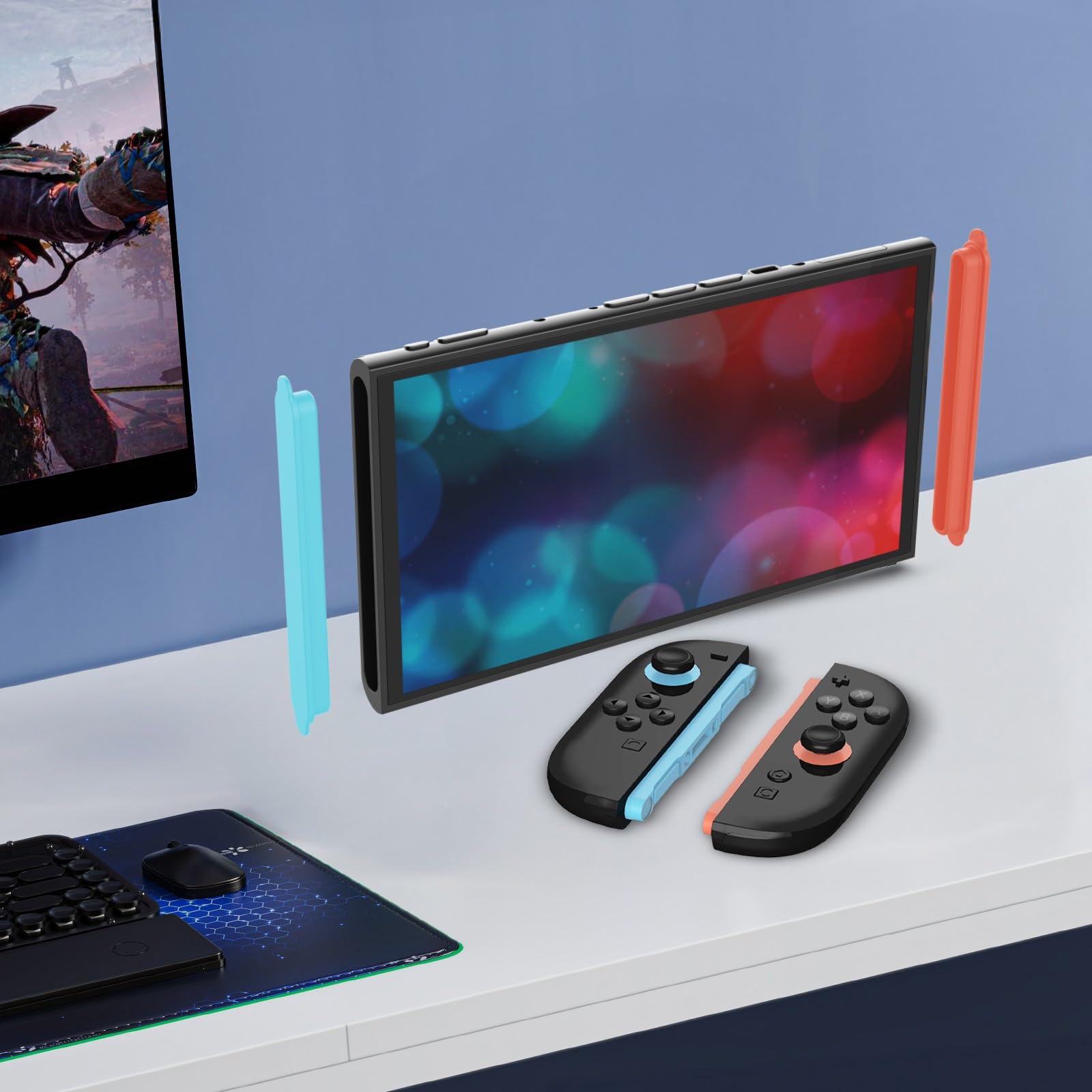 Hzxkqmil Bouchons Anti-poussière en Silicone pour Nintendo Switch 2 (2025) | Bouchons Anti-poussière Souples Bouchons de Protection Latéraux Bande Décorative pour Switch 2 Console, Bleu + Orange