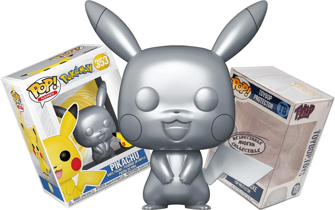 Funko Pokemon - Pikachu (Metallic Silver) + Pop Protector: 25th Anniversary Pop! Games Vinyl Figure (Gift Set Bundled with ToyBop Brand Box Protector