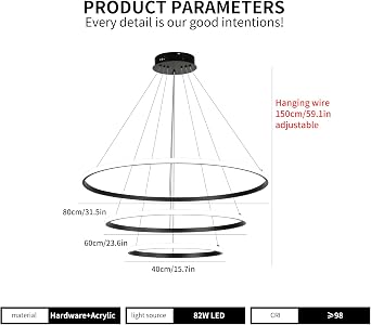 Led Pendant,Dimmable 3 Ring Acrylic Chandelier Lighting Fixture,Black adjustable Chandeliers Ceiling Light For Kitchen Island Dining Room Living Room Bedroom Foyer 40+60+80Cm/(15.7+23.6+31.5In) [Energy Class F]