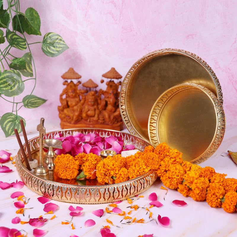 Image of R Ayurveda Copper 3-Piece Premium Golden Metal Tray Set | Decorative Round Trays for Serving, Gifting, and Home Decor