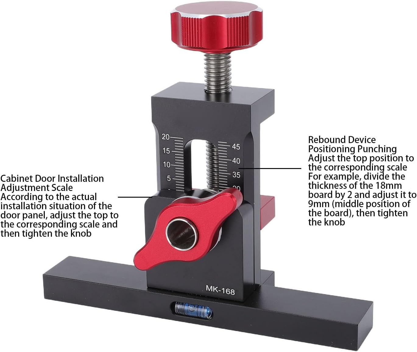 Fafeicy Adjustable Aluminum Alloy Cabinet Door Jig, Hardware Positioner Tool with Level Bubble 6 8 10mm Drill Bushing for Door Installation Non Slip Pads Extended Crossbar