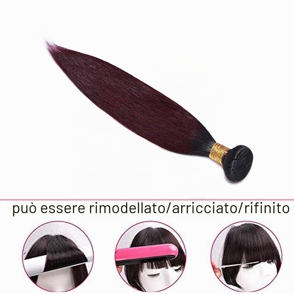 SEGO Extension Capelli Veri Tessitura Matassa Virgin Human Hair Brasiliani Shatush 100g Capelli Lisci per Cucire 25cm #1BT99 Nero Naturale/Rosso Borgogna