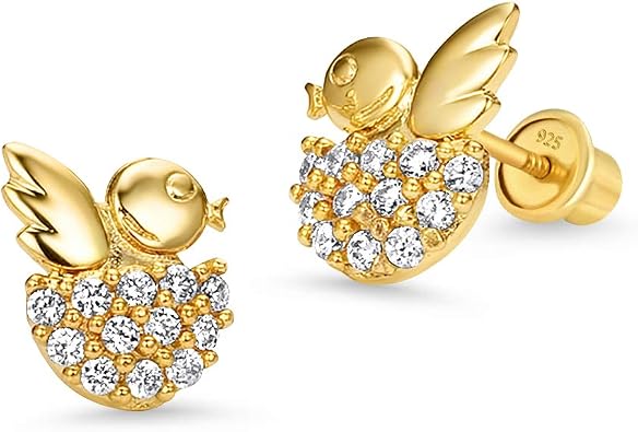 14k Gold Plated Brass Bird Nest Cubic Zirconia Screwback Girls Earrings with Sterling Silver Post