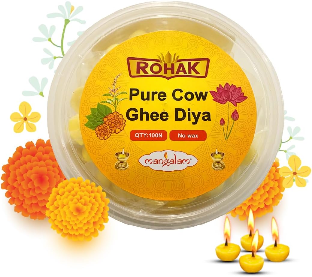 MANGALAM Rohak Pure Cow Ghee Diya - Pack Of 1-100 Pieces Diya Batti For Puja, Festivals & Other Religious Ritual 100% Wax Free | Readymade Ghee Diya's.