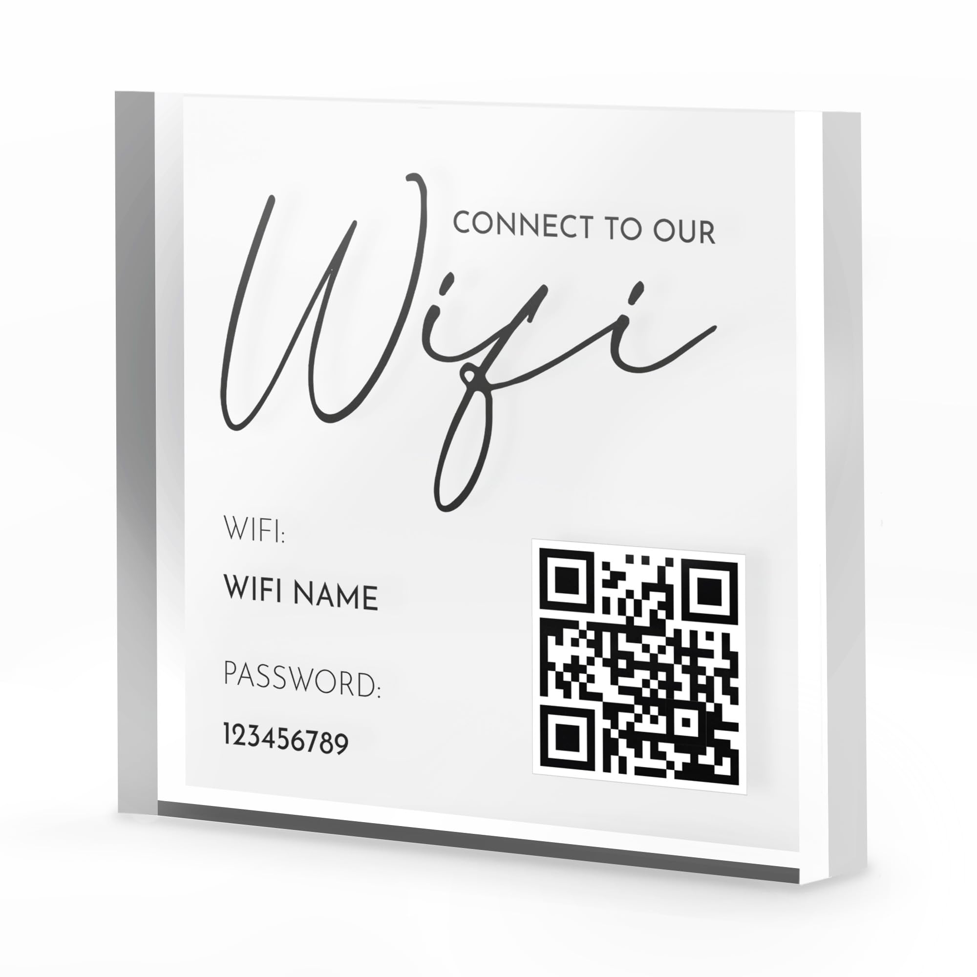 Wifi Acrylic Block Plaque with Password Info and QR Code Office Cafe Shop Internet (Square (150mm))