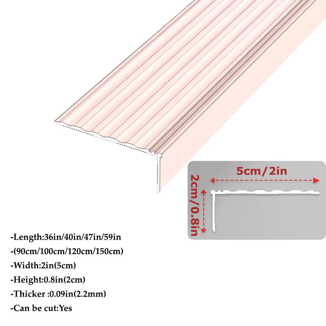 100 cm Protector de Borde de Escalera de Aluminio Marrón Autoadhesivo, 120 cm Perfil de Borde de Escalera de Metal Negro Antideslizante for Interior Exterior(Gray,150cm/59in)