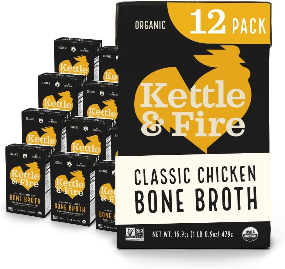 Kettle & Fire and Classic Chicken Bone Broth, Keto, Paleo, and Whole 30 Approved, Gluten Free, High in Protein and Collagen, 12 Pack